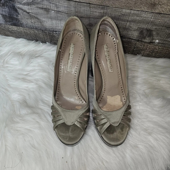 Stella McCartney Taupe Silk Wooden Heel Platform Pumps EU 38 - Picture 3 of 16